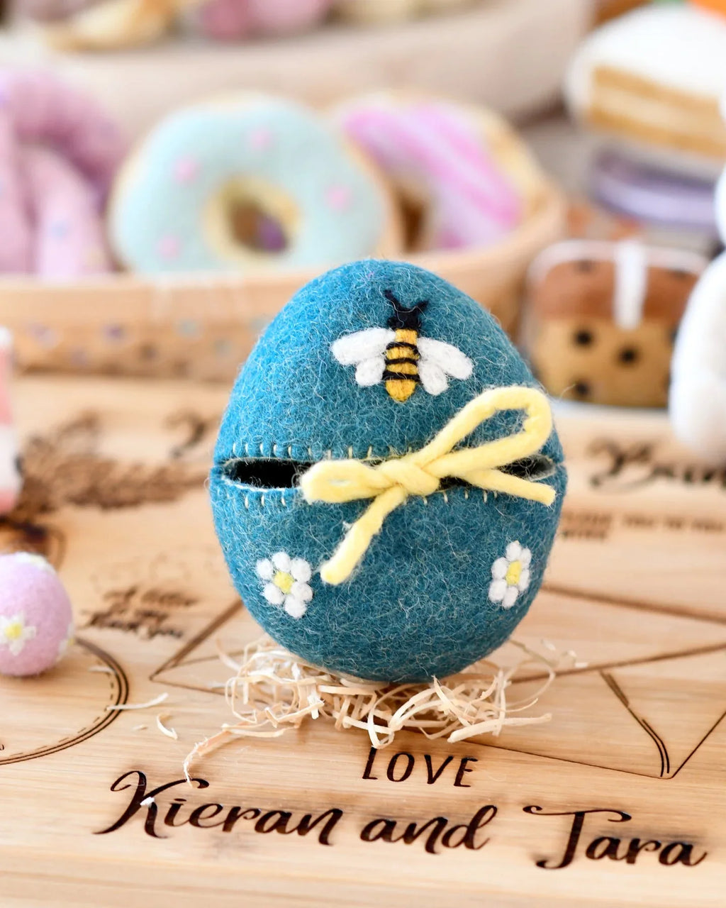 Sale Felt Egg Cover, Blue with Bee Motif