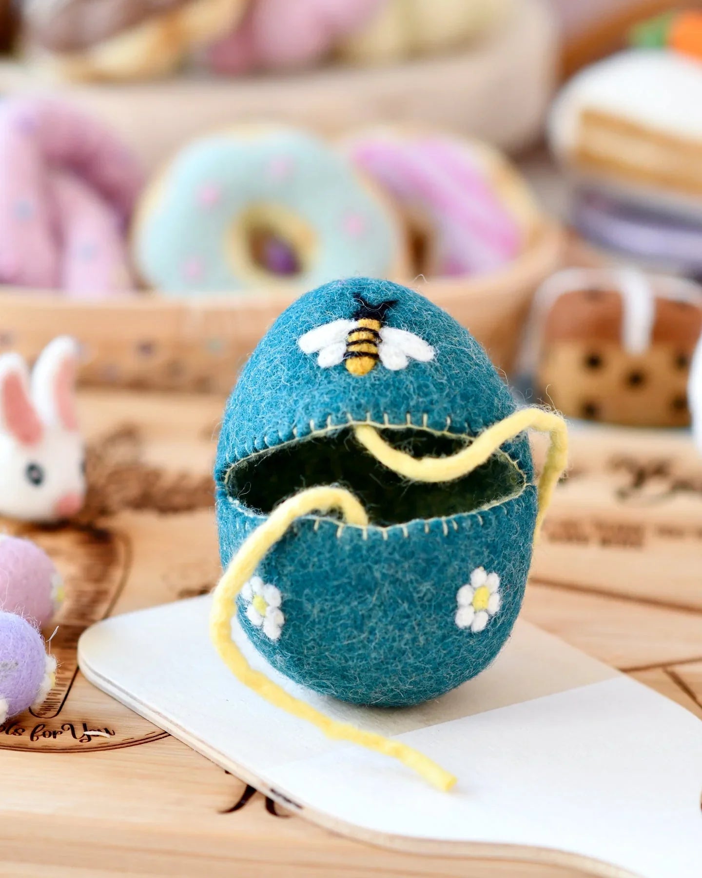 Sale Felt Egg Cover, Blue with Bee Motif